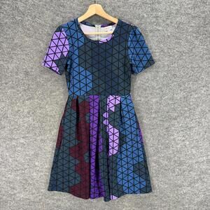 LulaRoe Dress Women S Small Blue Geometric Sheath Midi Zipper Short Sleeve